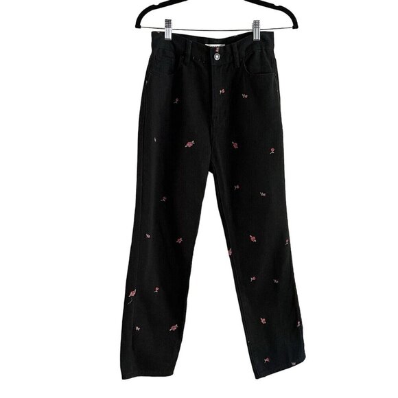 Pacsun Womn 25 Black Denim Floral Embroidered Button Fly High Rise Straight Jean - Picture 2 of 12